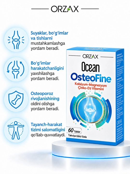 Ocean OsteoFine — kalsiy, magniy, D3, suyak va bo‘g‘imlar uchun, №60, Halol
