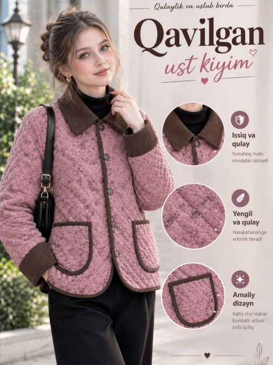 Mavsumlar oralig‘ida kiyiladigan issiq, qavilgan ayollar kurtkasi - 