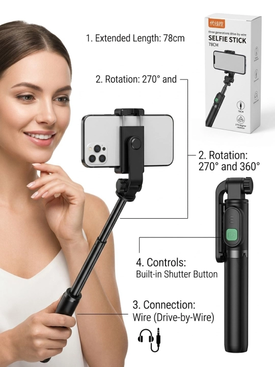 Simli monopod селфи палка, uzunligi 78 sm, tugmal - 