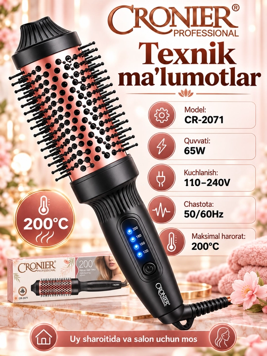 Cronier CR-2071 elektr brashing taroq, soch turmaklash uchun, 200°C - 
