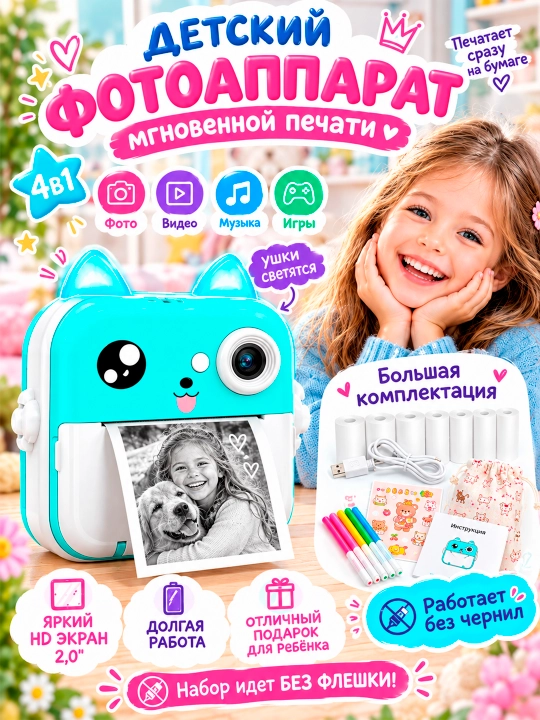 Детский мини принтер, фотоаппарат с мгновенной печатью, фотопринтер, термопринтер - 