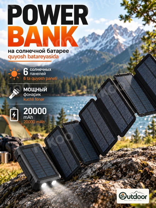 Powerbank Type-C Lightning quyosh panelli tashqi akkumulyator USB chiroq - 