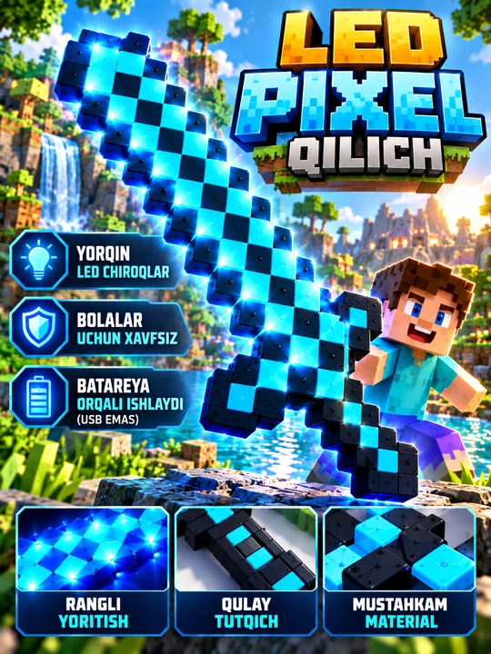 Minecraft uslubidagi bolalar uchun pikselli qilich, 3 xil rangda