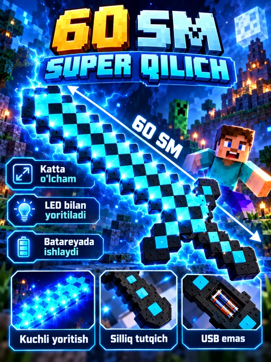 Minecraft uslubidagi bolalar uchun pikselli qilich, 3 xil rangda