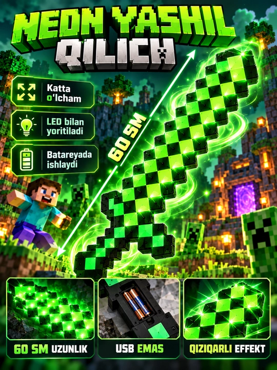 Minecraft uslubidagi bolalar uchun pikselli qilich, 3 xil rangda