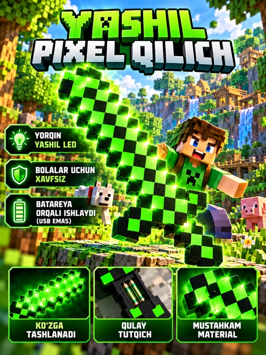 Minecraft uslubidagi bolalar uchun pikselli qilich, 3 xil rangda