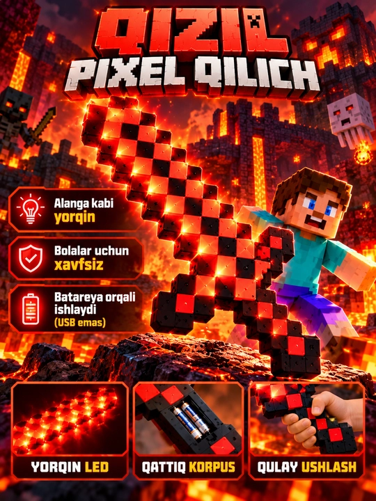 Minecraft uslubidagi bolalar uchun pikselli qilich, 3 xil rangda - 