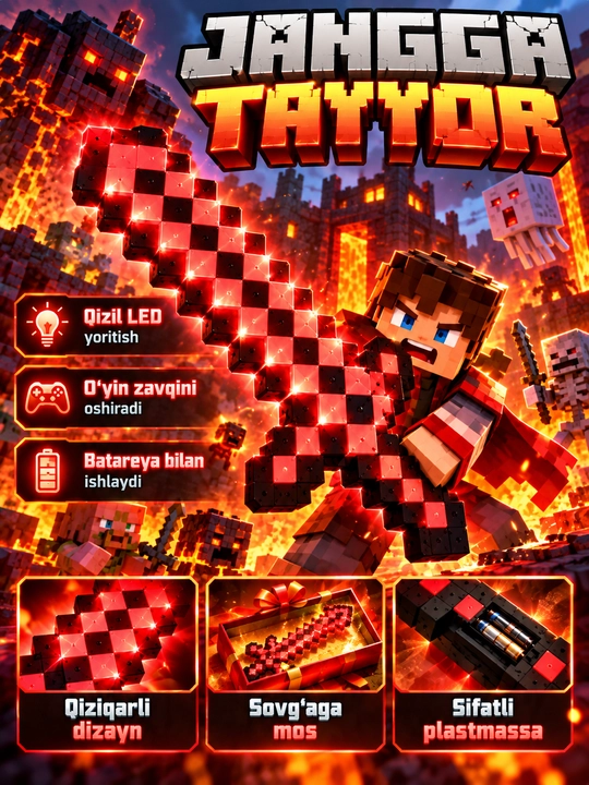 Детский игрушечный пиксельный меч в стиле Minecraft, 3 цвета