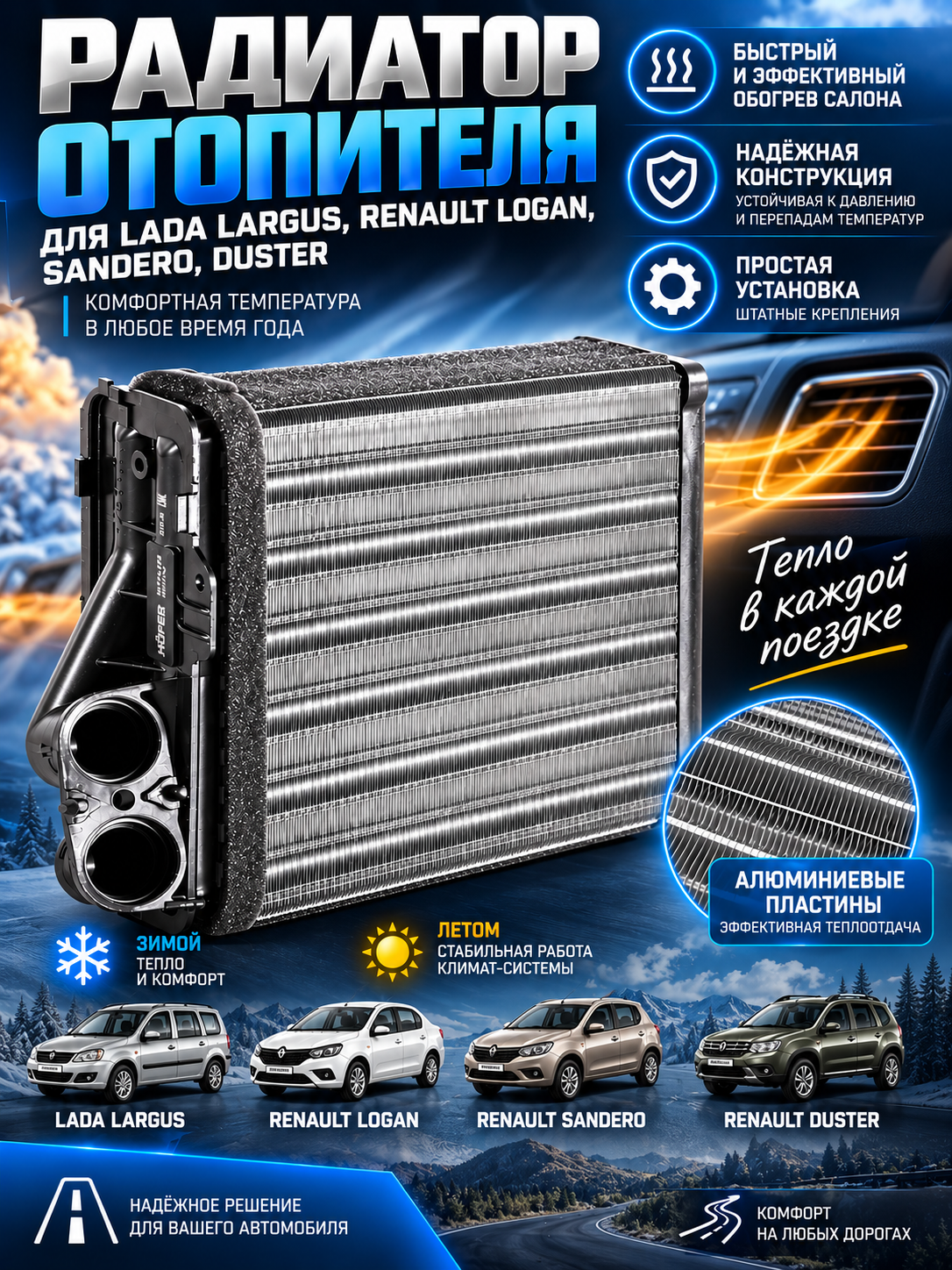 Радиатор отопителя салона Largus, Renault Logan, Sandero, Duster,Радиатор печки Largus,