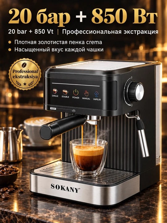 Yarim avtomatik qahva mashinasi SOKANY SK-04025, 20 bar, 850 Vt, espresso, kappuchino