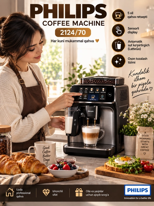 Philips 2124/70 avtomatik qahva mashinasi, kapuchino va espresso uchun, LatteGo tizimli