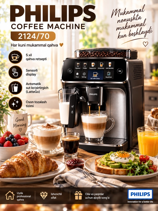Philips 2124/70 avtomatik qahva mashinasi, kapuchino va espresso uchun, LatteGo tizimli