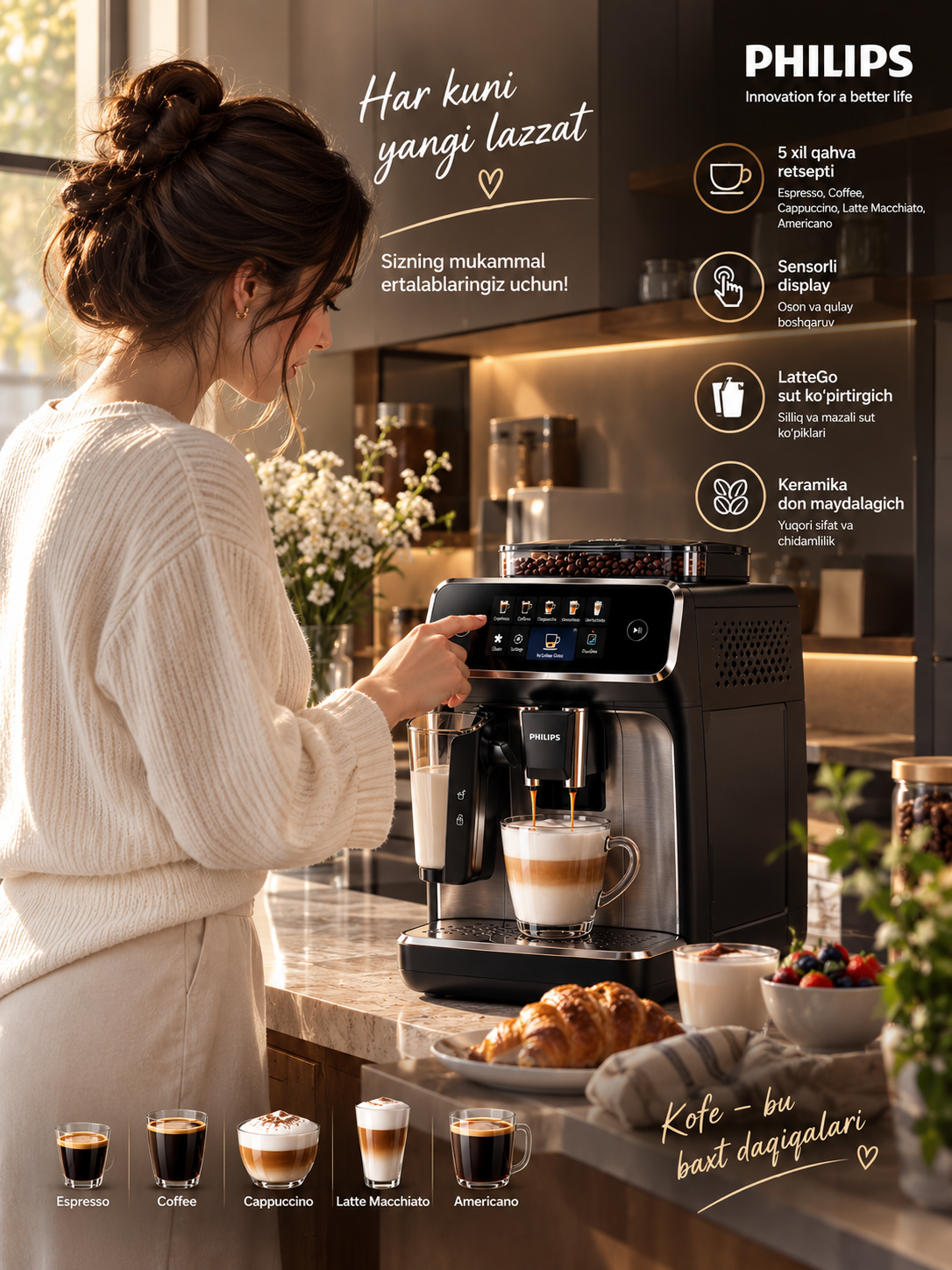 Philips 2124/70 avtomatik qahva mashinasi, kapuchino va espresso uchun, LatteGo tizimli