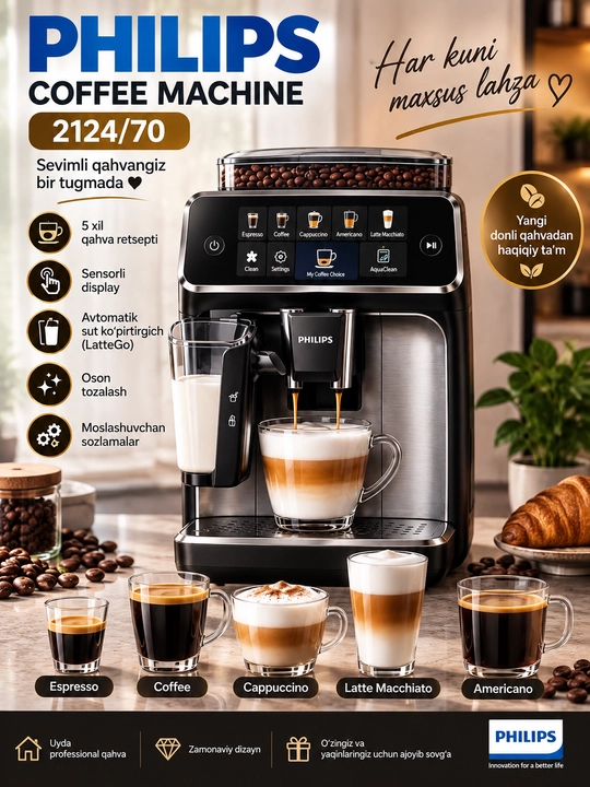 Philips 2124/70 avtomatik qahva mashinasi, kapuchino va espresso uchun, LatteGo tizimli - 
