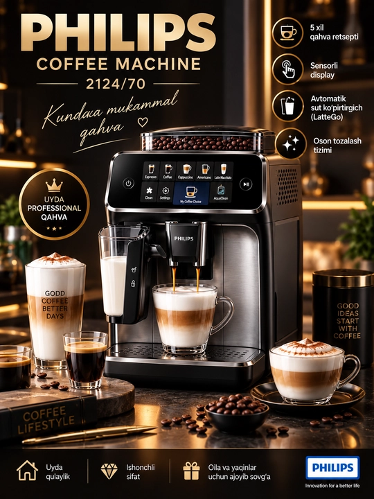 Philips 2124/70 avtomatik qahva mashinasi, kapuchino va espresso uchun, LatteGo tizimli