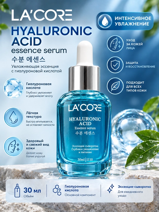 LA’CORE Gialuron essensiya-zardobi, 30 ml - yuz uchun chuqur namlantiruvchi zardob