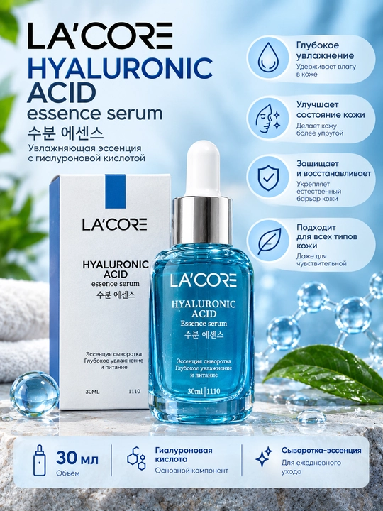 LA’CORE Gialuron essensiya-zardobi, 30 ml - yuz uchun chuqur namlantiruvchi zardob