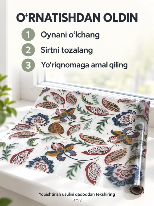 Deraza va oynalar uchun o‘z-o‘zidan yopishadigan naqshli dekorativ plyonka