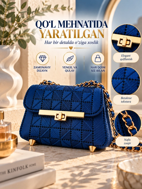 Ayollar sumkasi, kichik zanjirli sumkasi, qo‘l mehnati, to‘q ko‘k, 20×14×7 sm - 