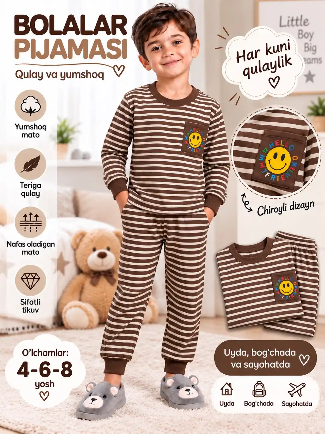 O'g'il va qiz bolalr uchun paxtali pijama to'plami, kuz/qish/bahor - yumshoq kiyimlar