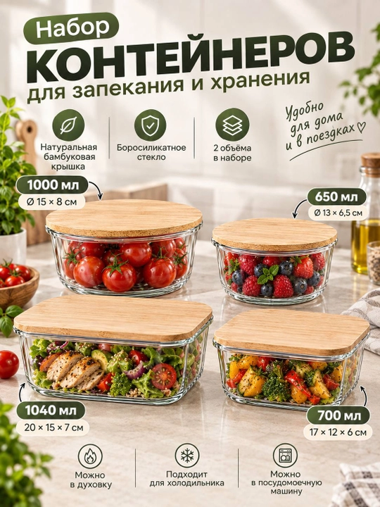 Стеклянные контейнеры для запекания и хранения, 1 шт , 650 мл, 700 мл, 1000 мл, 1040 мл - 