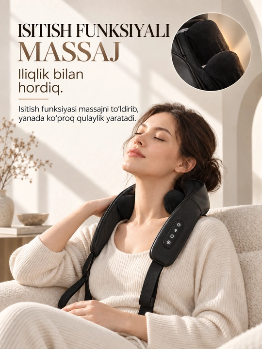 Bo‘yin va yelka uchun simsiz massajyor, isitish va uqalash funksiyasi, qora