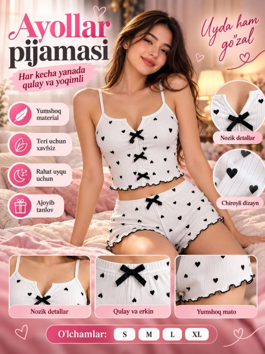 Ayollar pijamasi shortikli, uy uchun kiyim komplekti 