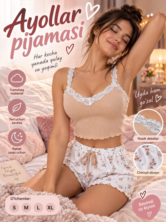 Ayollar pijamasi shortikli, uy uchun kiyim komplekti 