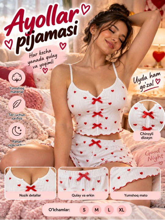 Ayollar pijamasi shortikli, uy uchun kiyim komplekti 