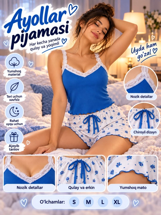 Ayollar pijamasi shortikli, uy uchun kiyim komplekti 