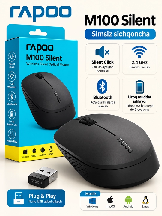 Rapoo M100 Silent simsiz sichqoncha, Bluetooth + 2.4 GHz, qora