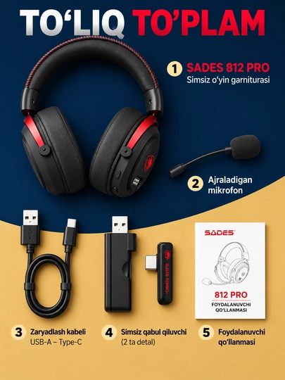 Mikrofon bilan simsiz o'yin naushnik, Bluetooth 6.1, 7.1 surround ovoz, past kechikish