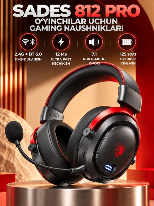 Mikrofon bilan simsiz o'yin naushnik, Bluetooth 6.1, 7.1 surround ovoz, past kechikish
