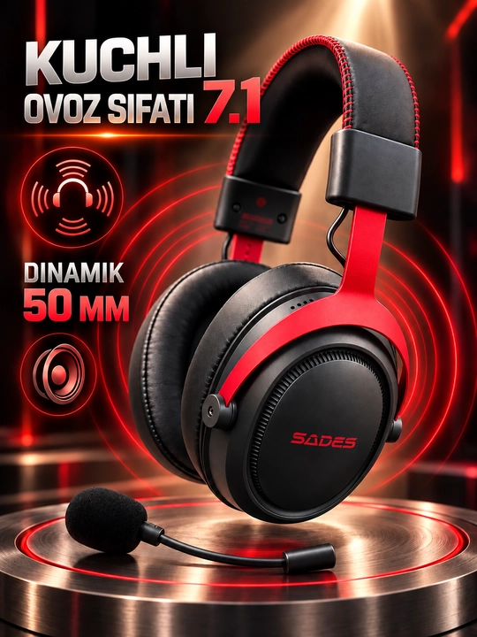 Mikrofon bilan simsiz o'yin naushnik, Bluetooth 6.1, 7.1 surround ovoz, past kechikish