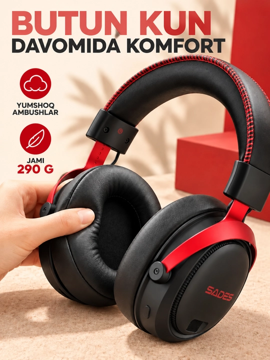 Mikrofon bilan simsiz o'yin naushnik, Bluetooth 6.1, 7.1 surround ovoz, past kechikish