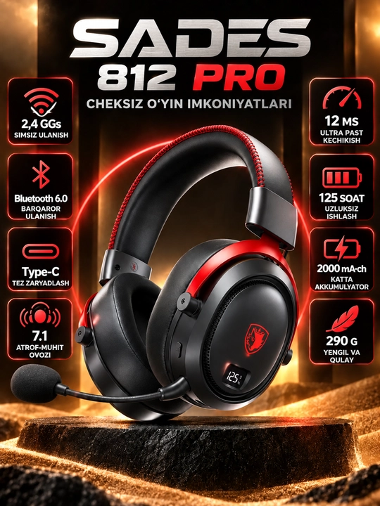 Mikrofon bilan simsiz o'yin naushnik, Bluetooth 6.1, 7.1 surround ovoz, past kechikish