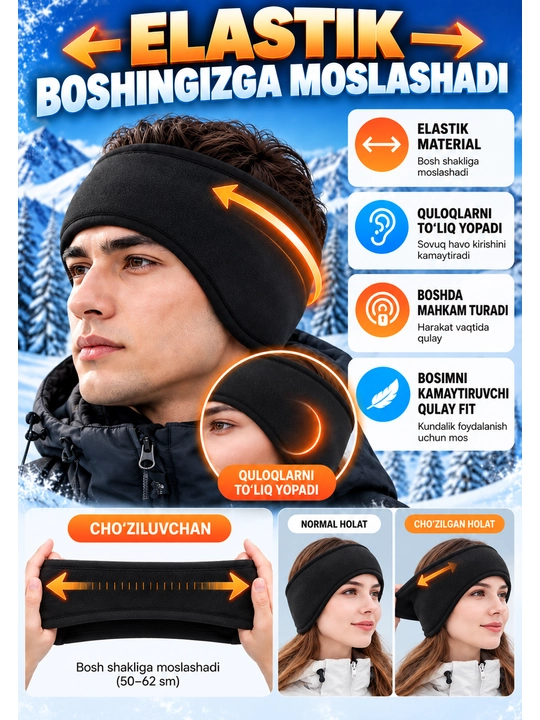 Quloqlarni himoyalovchi qishki paxmoq bosh bog‘lami, elastik