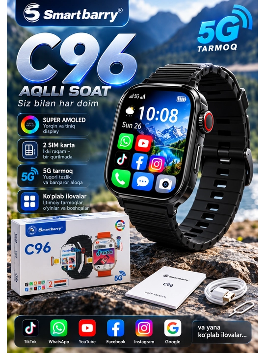 Smartbarry C96 aqlli soat, 5G, 2 SIM, Super AMOLED, WhatsApp, TikTok, YouTube