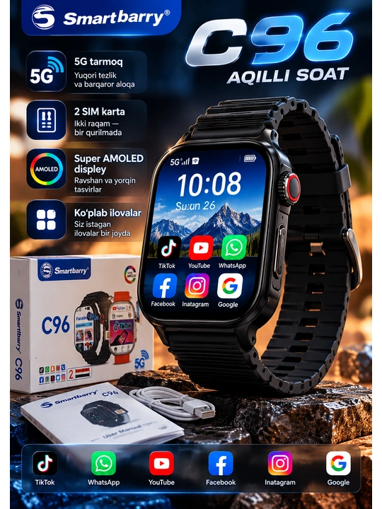 Smartbarry C96 aqlli soat, 5G, 2 SIM, Super AMOLED, WhatsApp, TikTok, YouTube - 