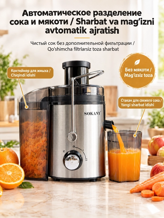 SOKANY SK-JB-175 sharbat siqish mashinasi, 500W, 2 tezlik, po'lat