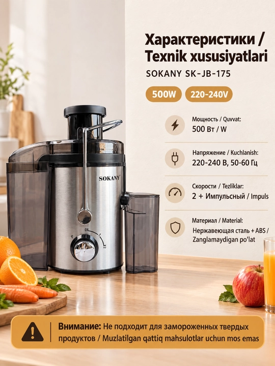 SOKANY SK-JB-175 sharbat siqish mashinasi, 500W, 2 tezlik, po'lat