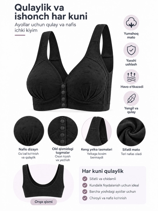 Ayollar uchun qulay ichki kiyim byustgalter, keng yelkali, oldi tugmali, yumshoq matoli - 