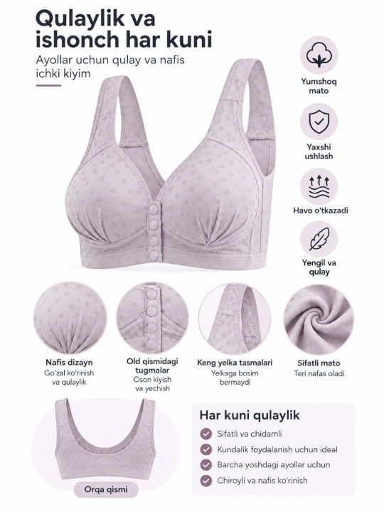Ayollar uchun qulay ichki kiyim byustgalter, keng yelkali, oldi tugmali, yumshoq matoli - 