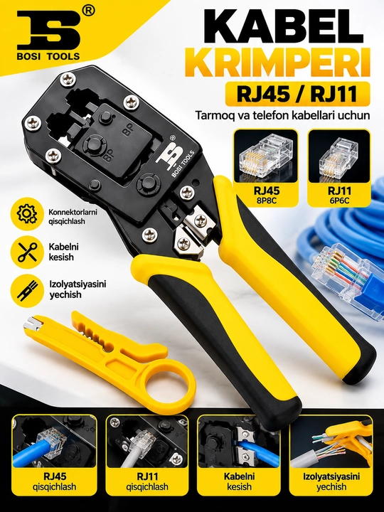 Кримпер BOSI TOOLS RJ45/RJ11 для сетевого кабеля + стриппер - 
