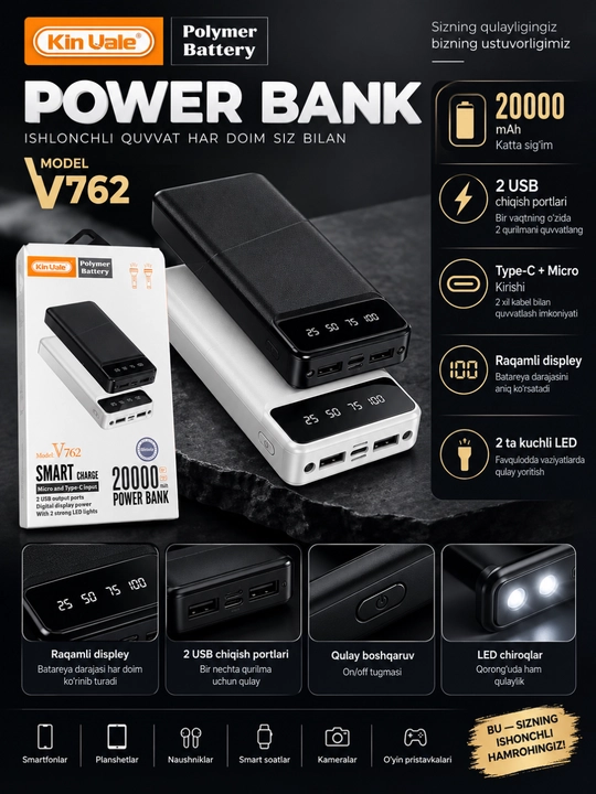 Power Bank 20000 mAh | 2 USB chiqish, Type-C + Micro kirish, raqamli displey, LED chiroq