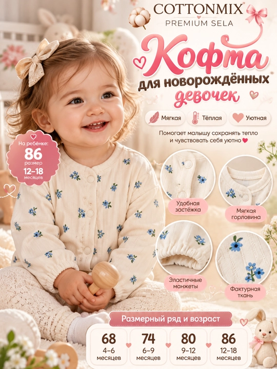 Кофта для новорождённых девочек SELA Baby, розовато-молочная, с цветочным принтом - 