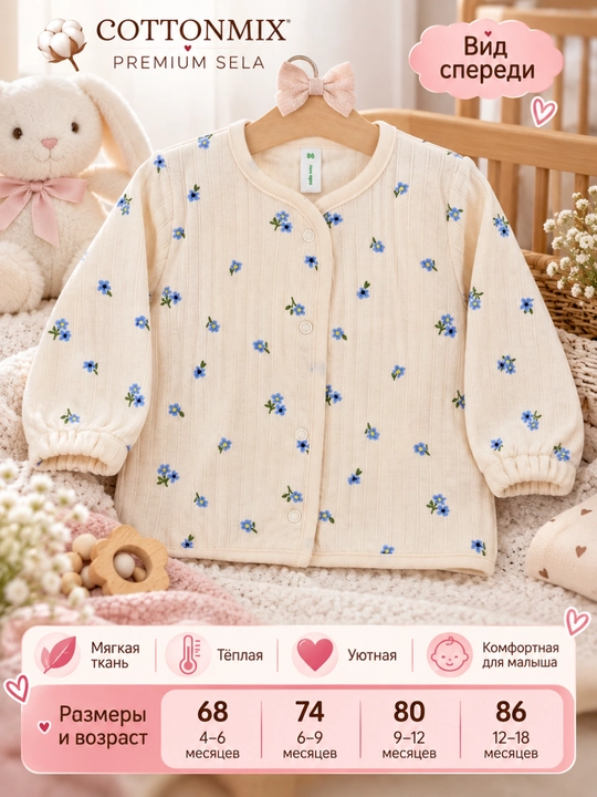 Кофта для новорождённых девочек SELA Baby, розовато-молочная, с цветочным принтом
