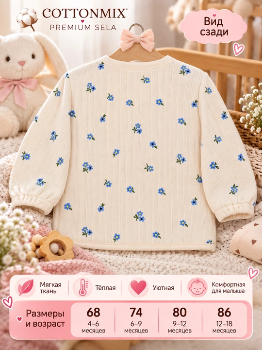 Кофта для новорождённых девочек SELA Baby, розовато-молочная, с цветочным принтом