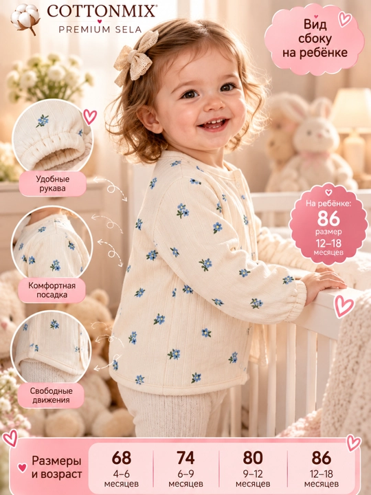 Кофта для новорождённых девочек SELA Baby, розовато-молочная, с цветочным принтом