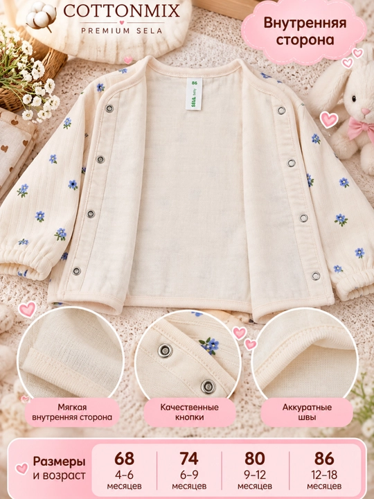 Кофта для новорождённых девочек SELA Baby, розовато-молочная, с цветочным принтом